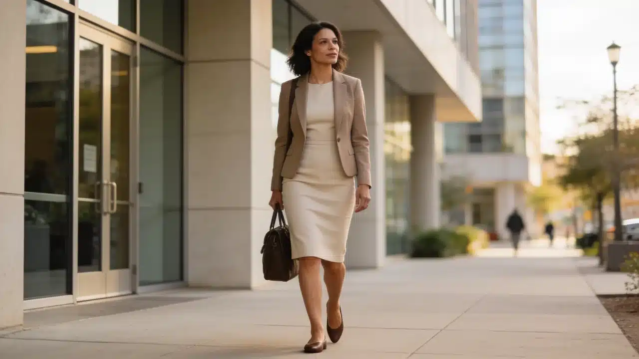 woman wearing a fitted sheath dress with a blazer