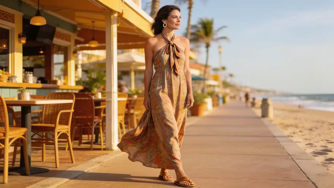 woman wearing a halter maxi dress with flat sandals