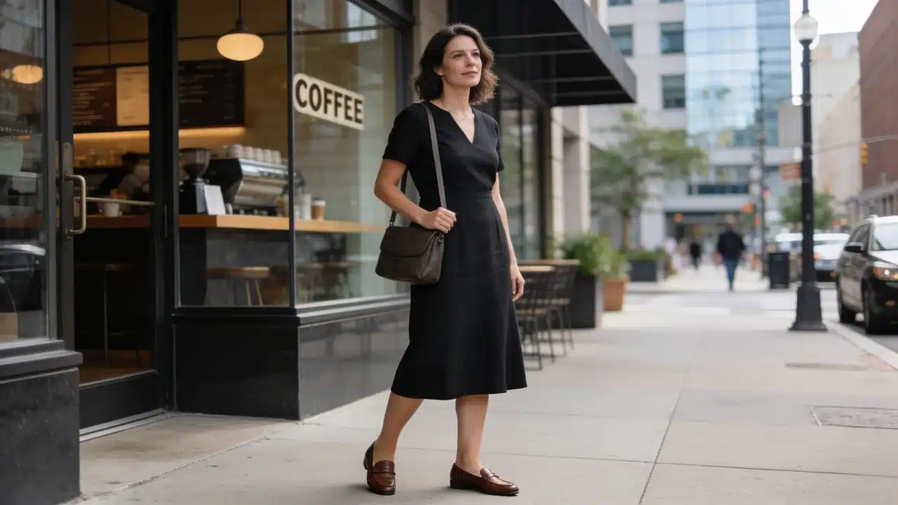 woman wearing a midi dress with loafers outside a coffee shop