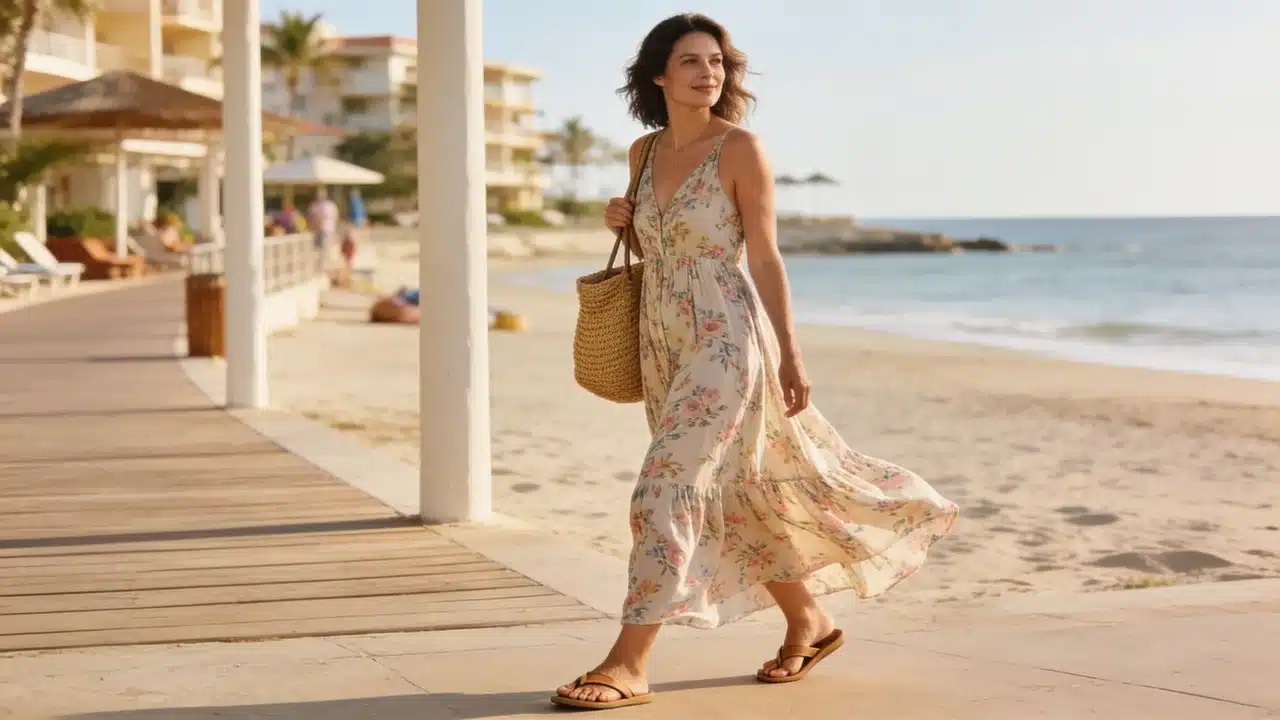 woman wearing a printed maxi dress on a beach vacation
