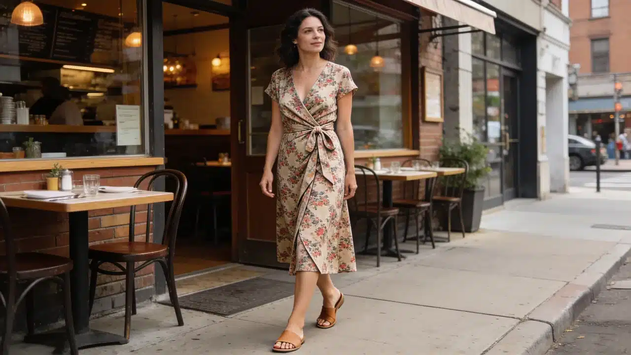 woman wearing a printed wrap midi dress