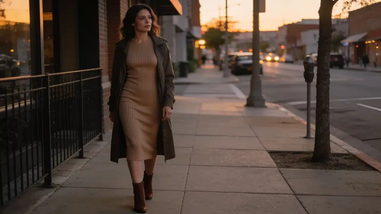 woman wearing a ribbed bodycon midi dress