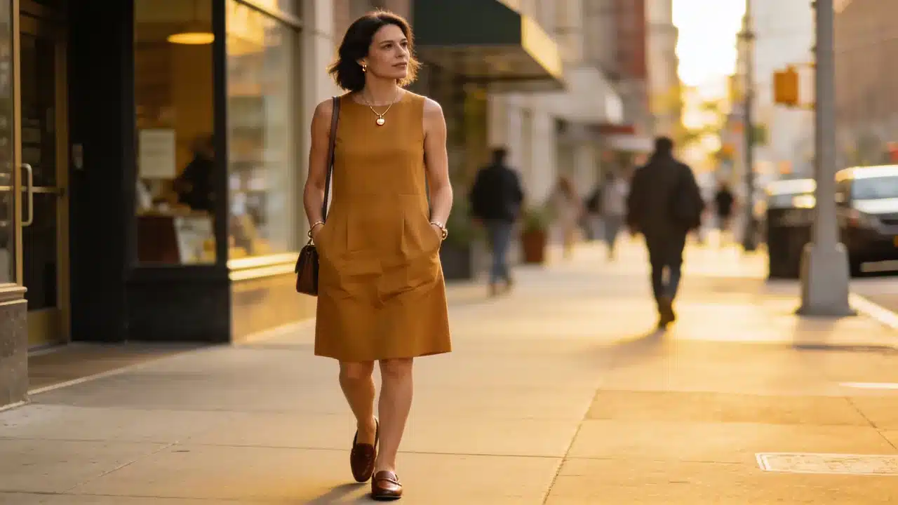 woman wearing a straight shift dress with loafers
