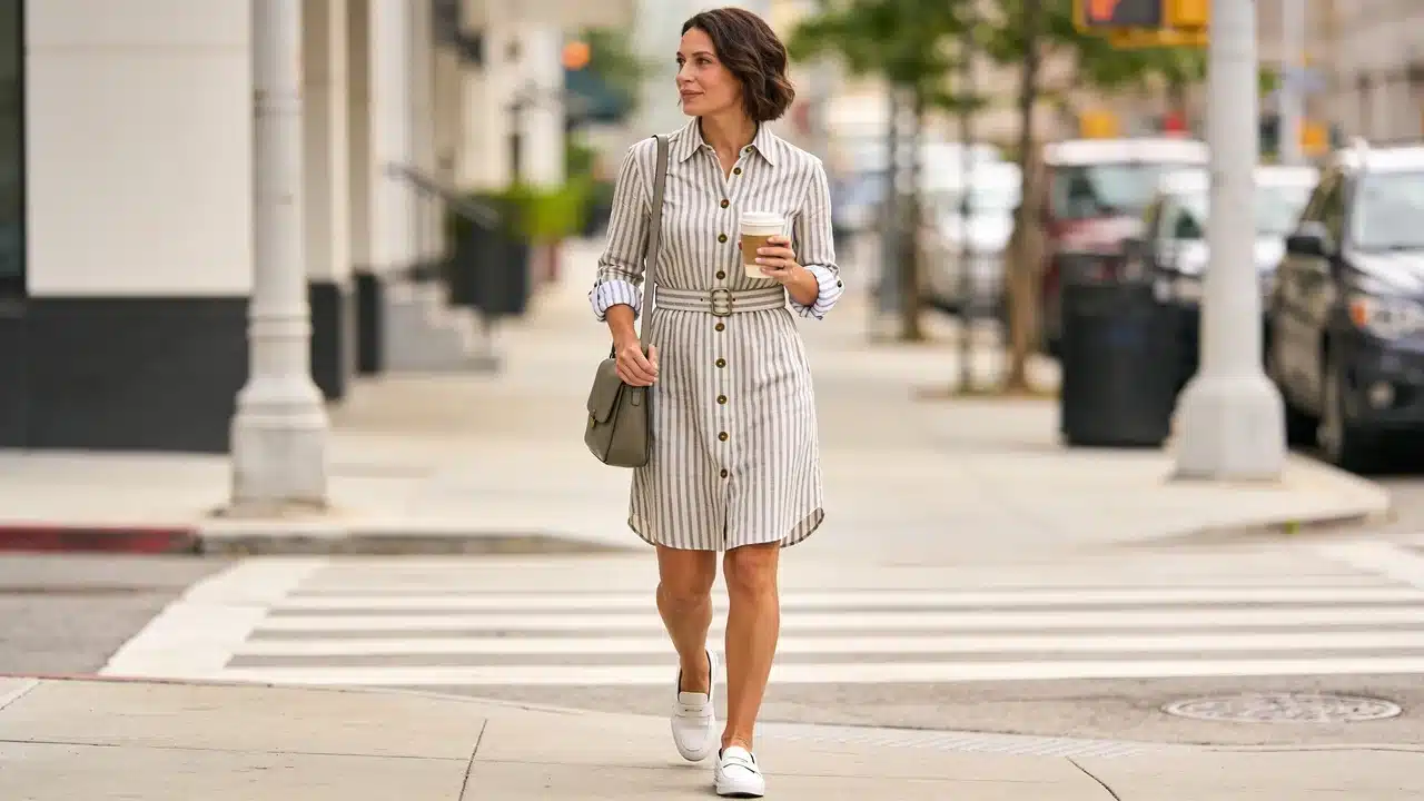 woman wearing a striped shirt dress with loafers