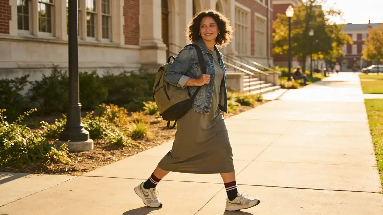 woman wearing a t-shirt dress with sneakers