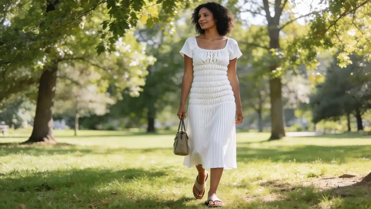 woman wearing a white smocked midi dress