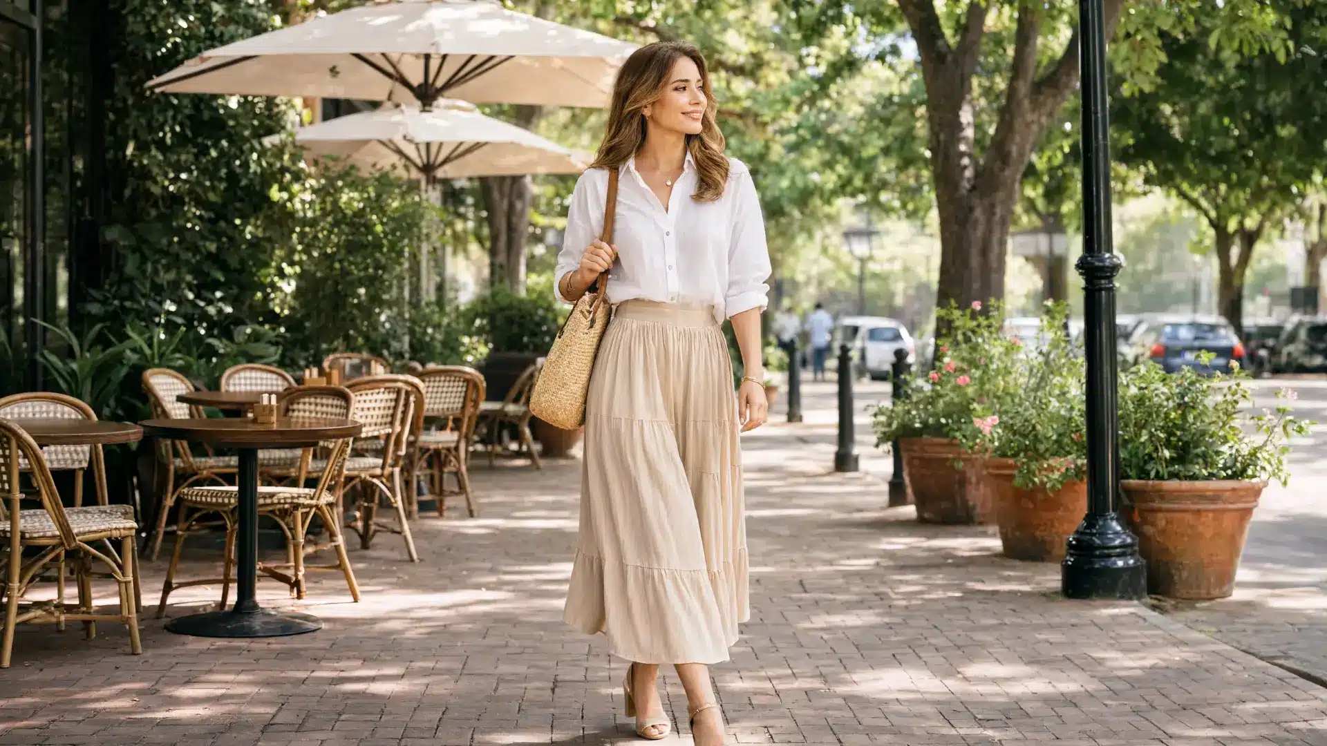 woman wearing beige midi skirt and white blouse walking in outdoor café street with warm light