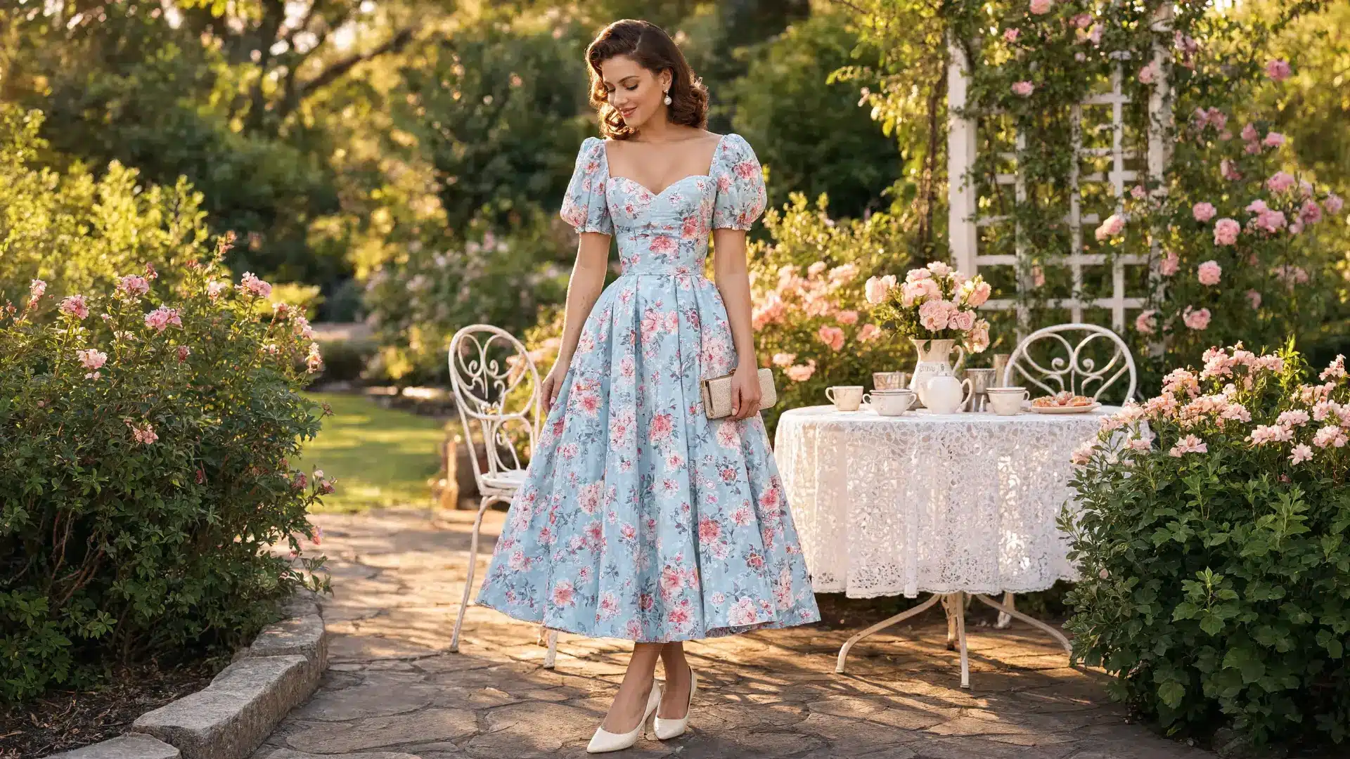 woman wearing pastel floral fit-and-flare midi dress in garden tea party setting with soft light