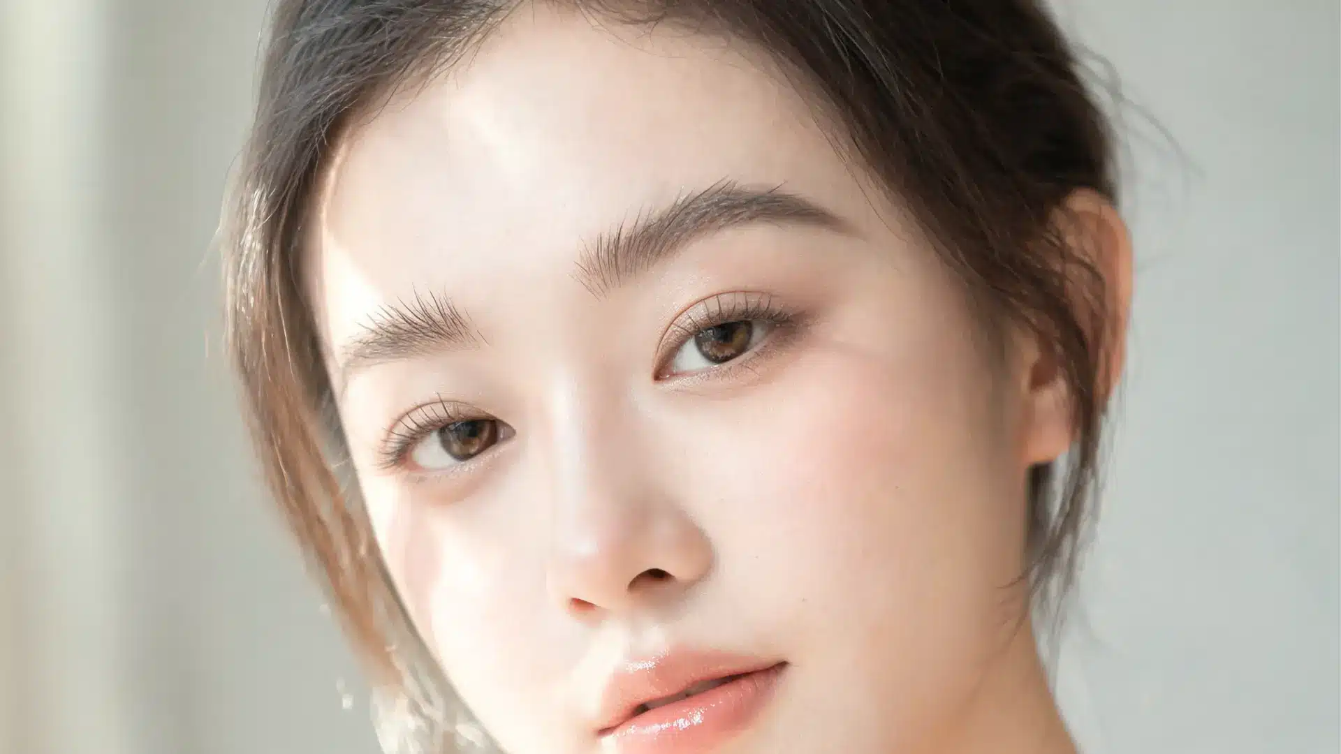woman with feathered eyebrows brushed upward for a soft natural brow look