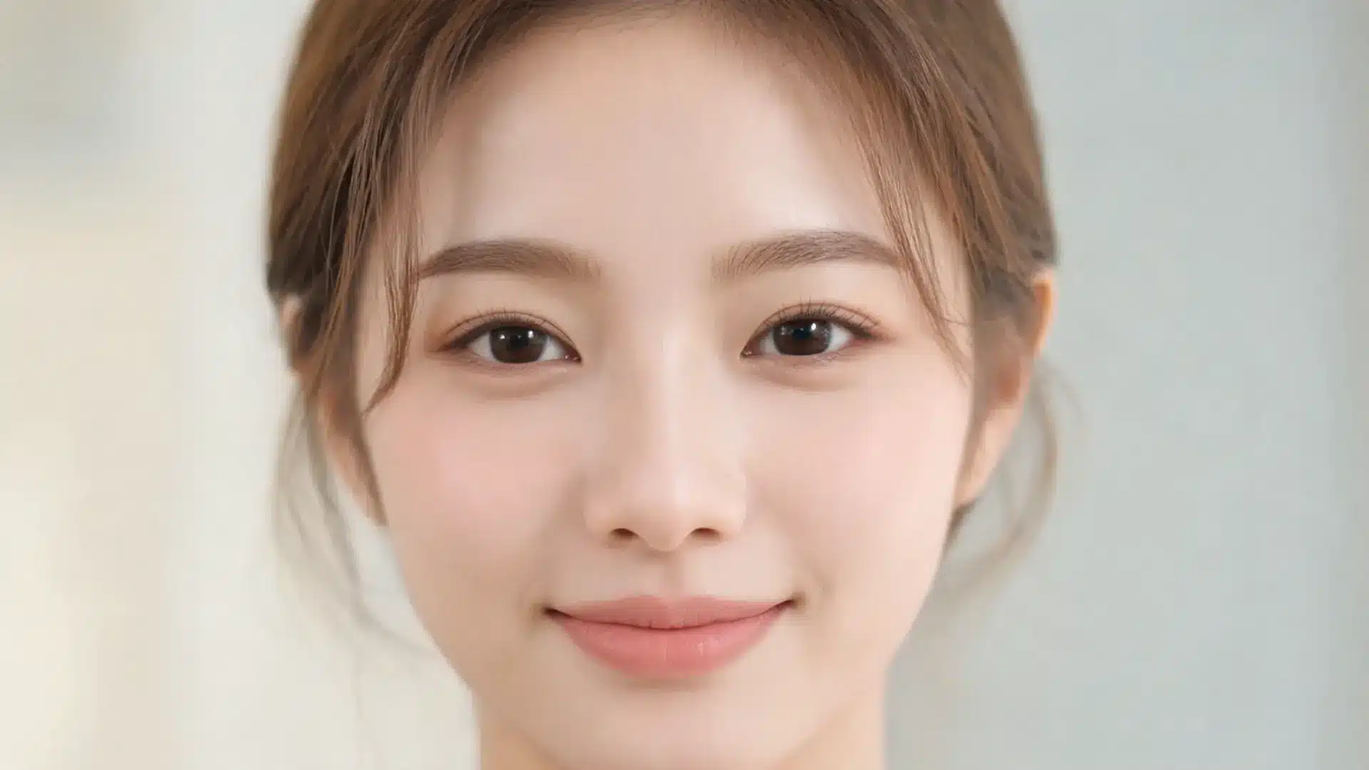 woman with soft arched eyebrows and fresh natural makeup against a neutral background