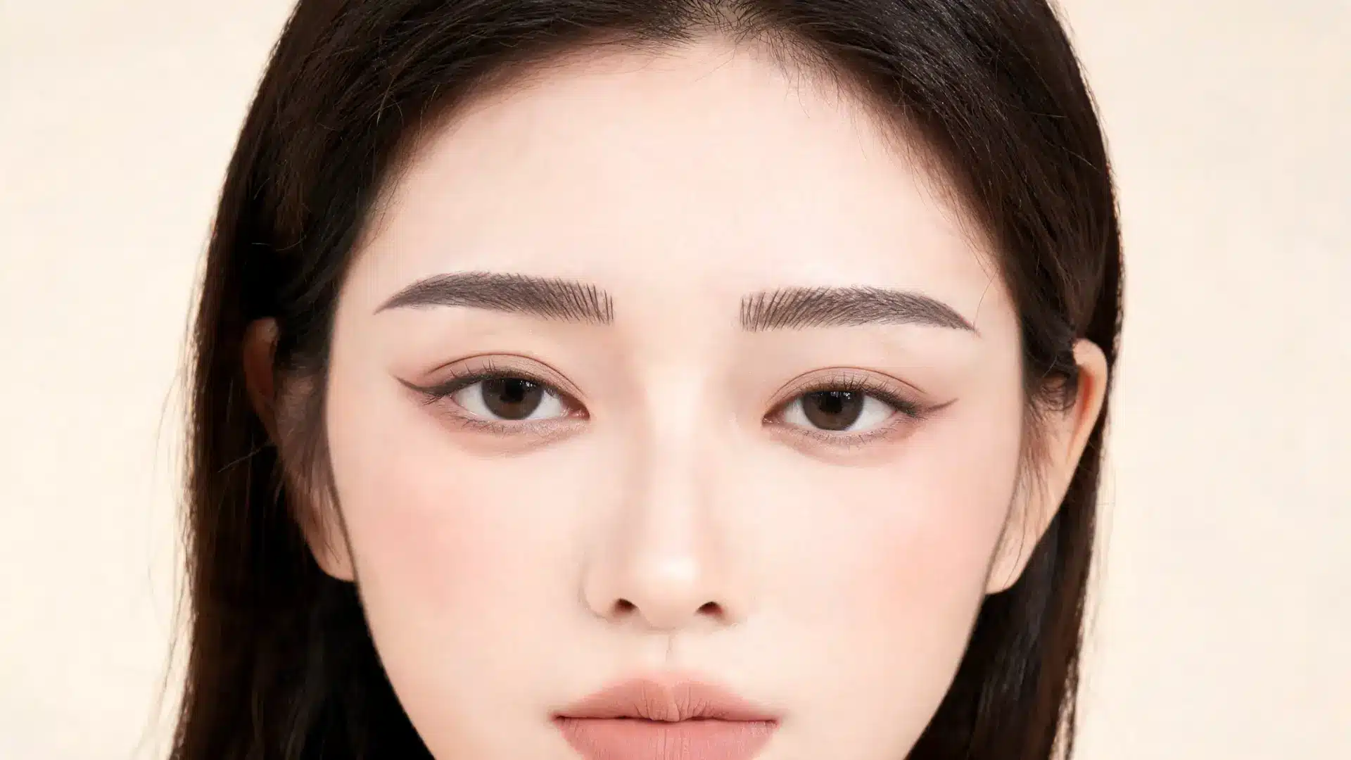 woman with straight eyebrows and natural makeup in soft neutral studio lighting