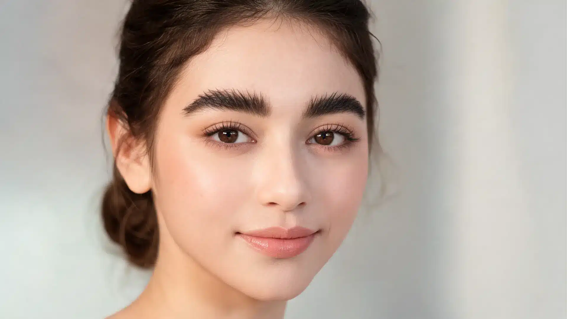 woman with thick bushy eyebrows and natural makeup showing full groomed brows