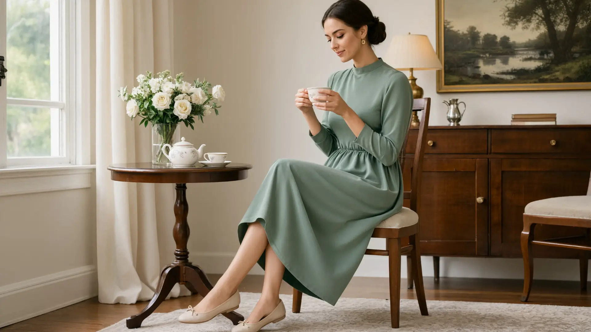 woman in sage green high-neck A-line midi dress seated in elegant indoor tea setting with soft light