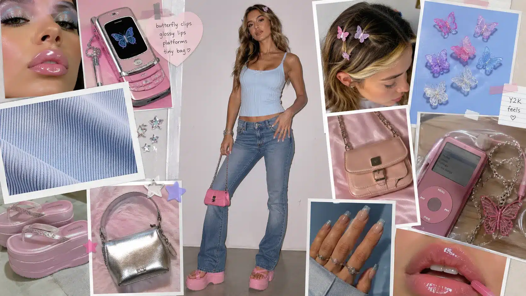 y2k beauty moodboard with model in ribbed tank and jeans with butterfly clips, platform sandals, and a mini bag