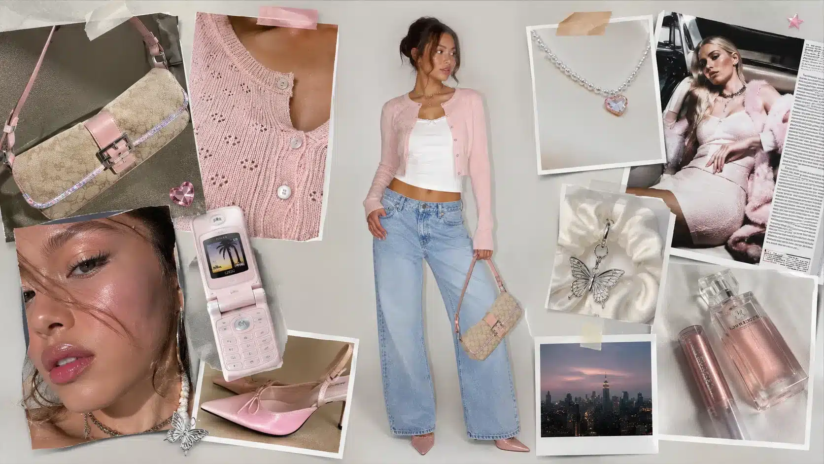 y2k collage with central model in pink cardigan, white tank, wide-leg jeans, heels, baguette bag, beauty and accessories