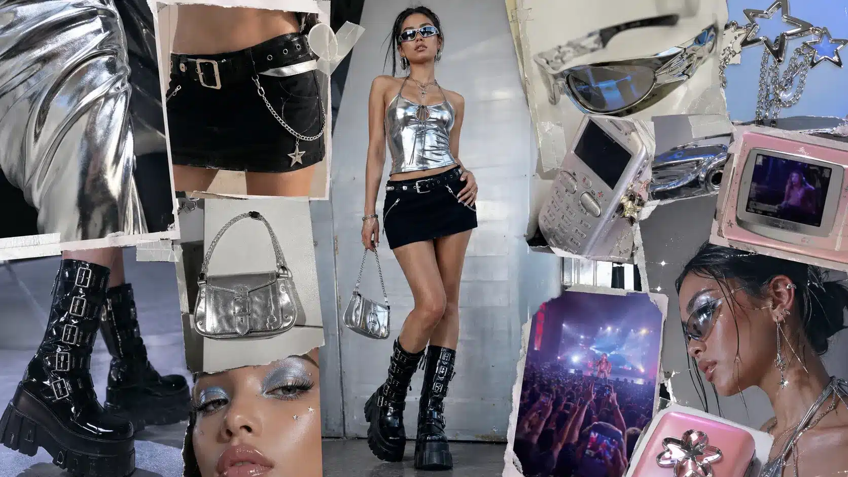 y2k cyber-pop moodboard with model in silver top and black mini skirt, surrounded by boots, gadgets, chrome accessories