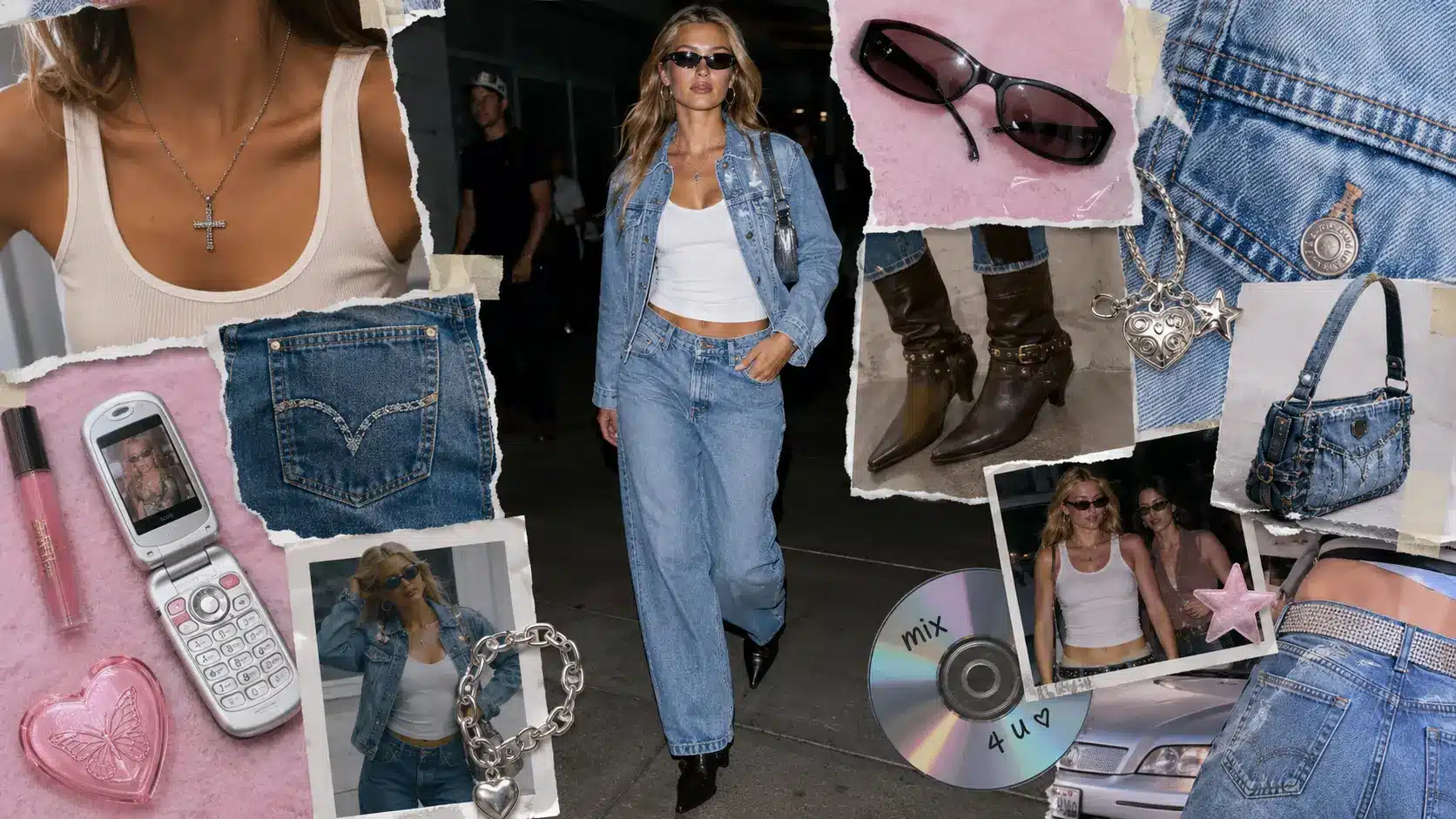 y2k denim moodboard with model in denim jacket and wide-leg jeans, with boots, flip phone, sunglasses, and accessories