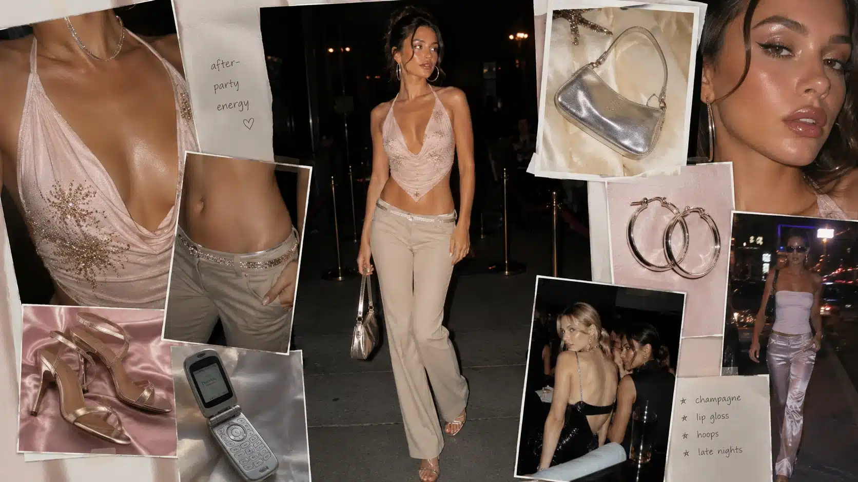 y2k editorial moodboard with central model in halter top, low-rise pants, heels, silver bag, and glossy makeup