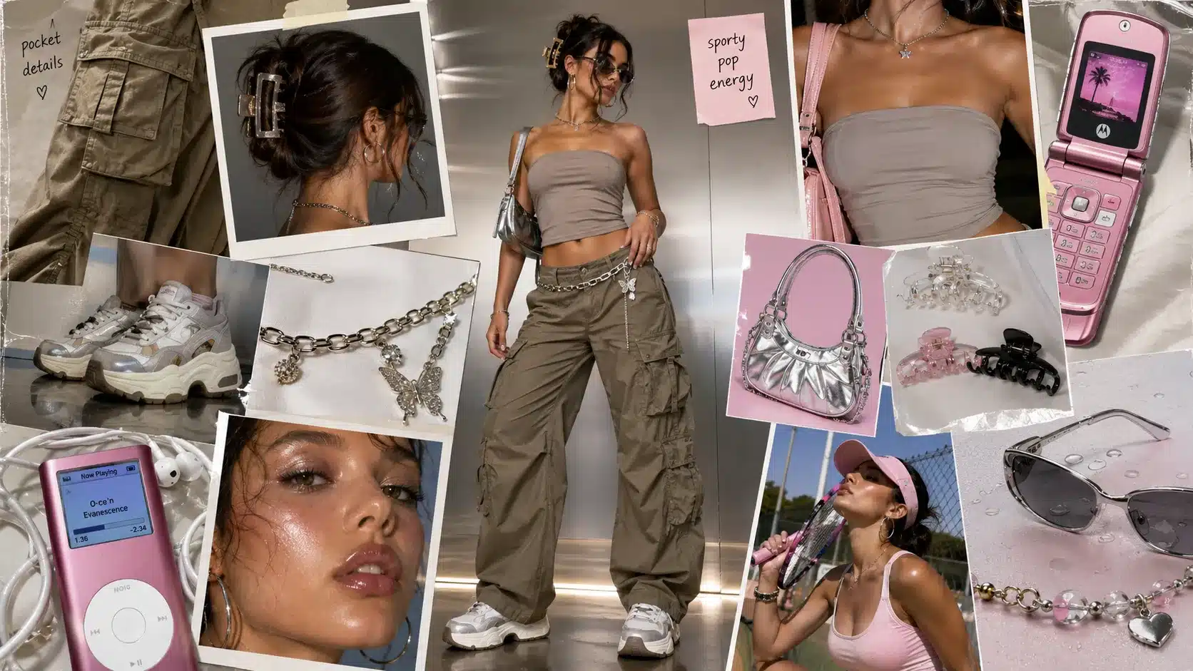 y2k fashion moodboard with central model in cargo pants and tube top, surrounded by sporty accessories, and metallic bag