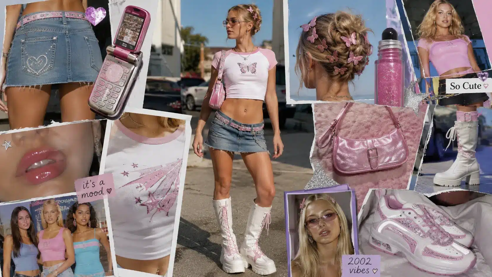 y2k magazine moodboard with model in denim mini skirt, baby tee, butterfly clips, boots, pink phone, glossy accessories