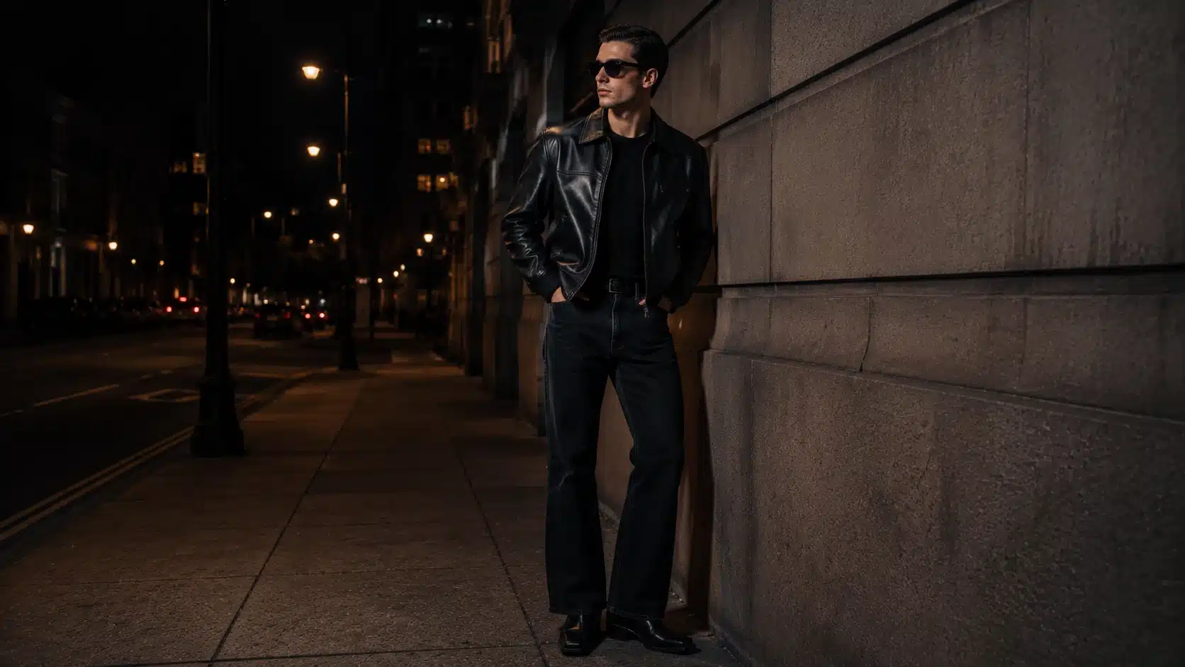 y2k men outfits with a leather jacket, black tee, bootcut jeans, and tinted glasses for night events