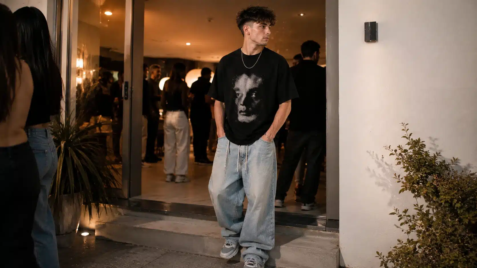 y2k men outfits with baggy jeans graphic tee chunky sneakers and a simple chain for party style