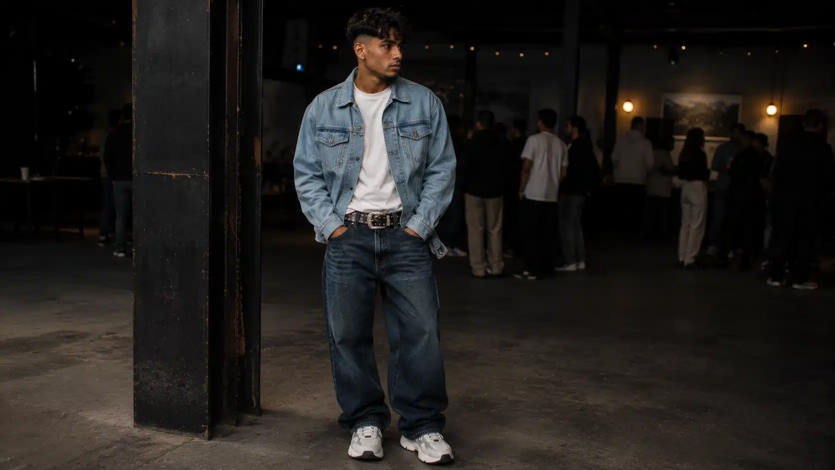y2k men outfits with denim jacket loose jeans statement belt and plain tee for social events