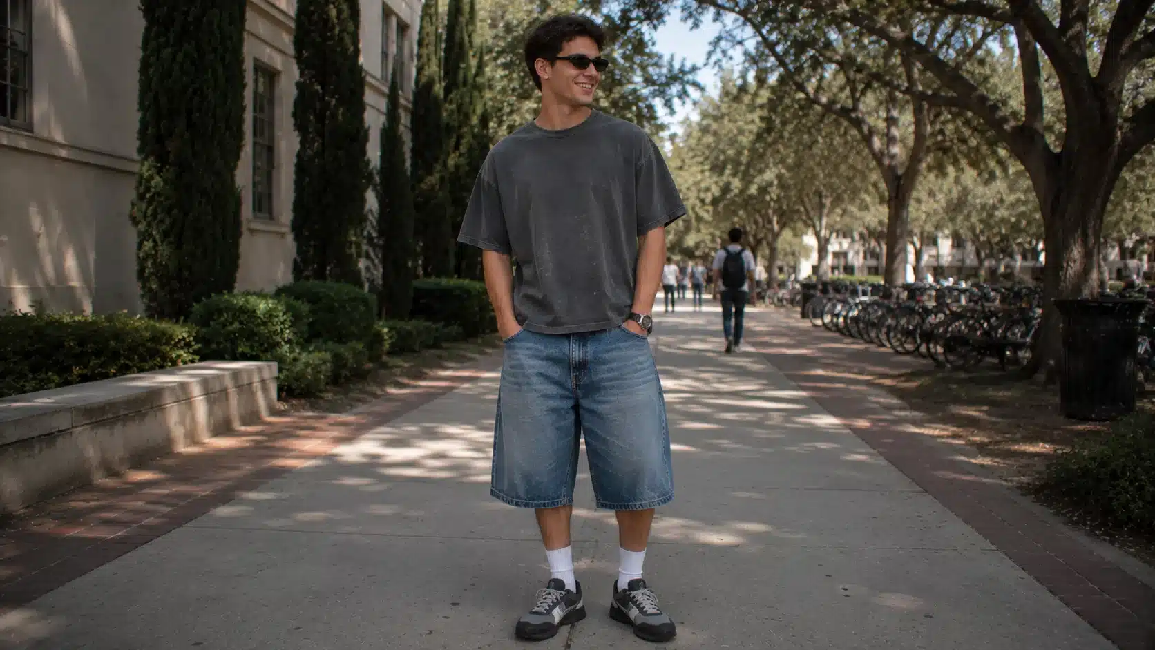 y2k men outfits with graphic tee baggy shorts skate shoes and sunglasses for warm weather