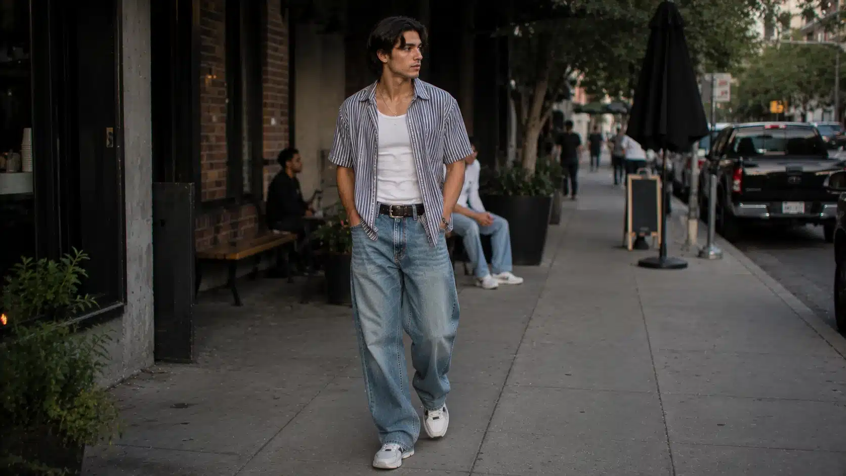 y2k men outfits with loose jeans fitted tee open shirt and simple sneakers for daily style