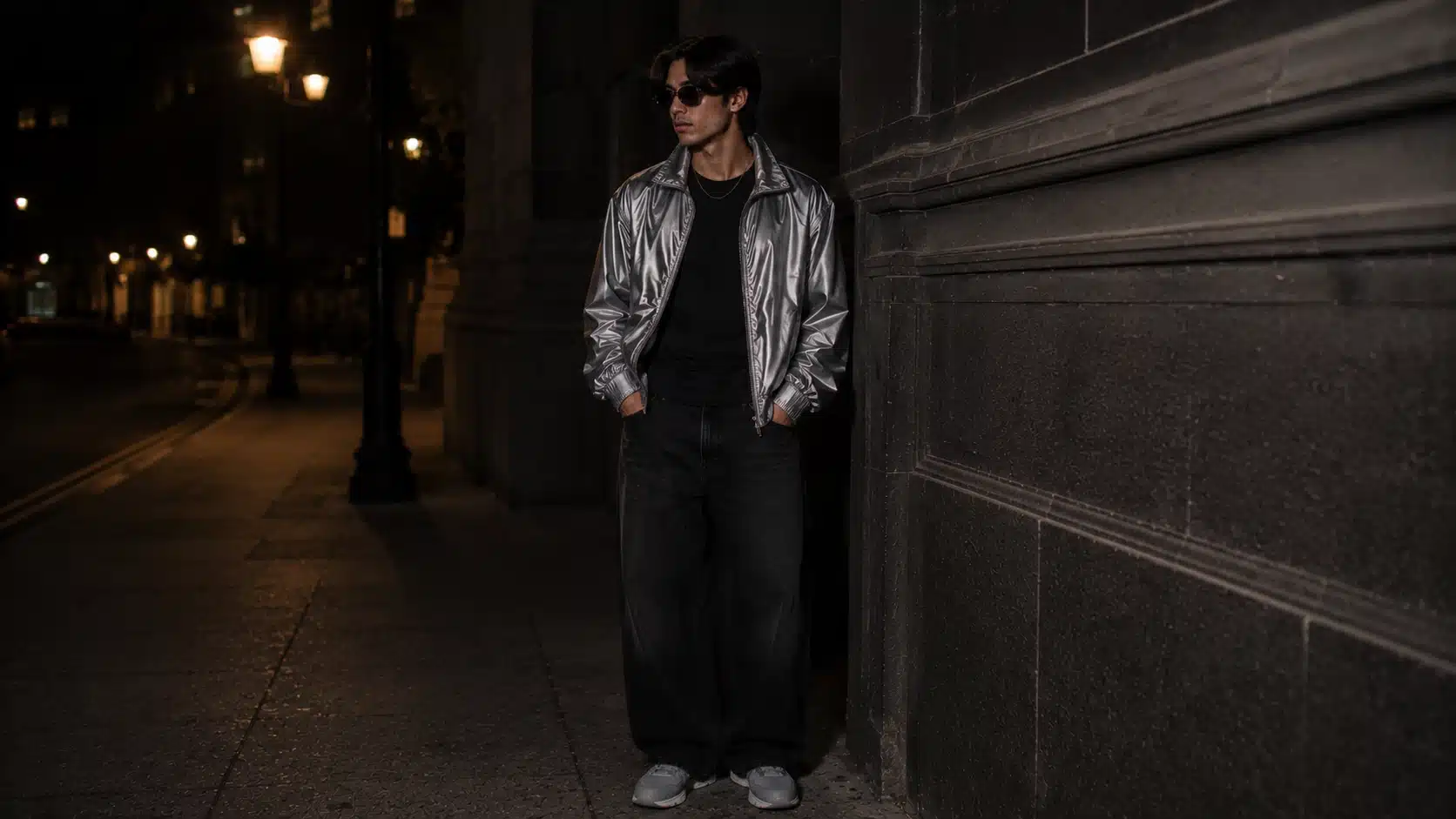 y2k men outfits with metallic jacket plain tee wide leg jeans and simple sneakers for parties