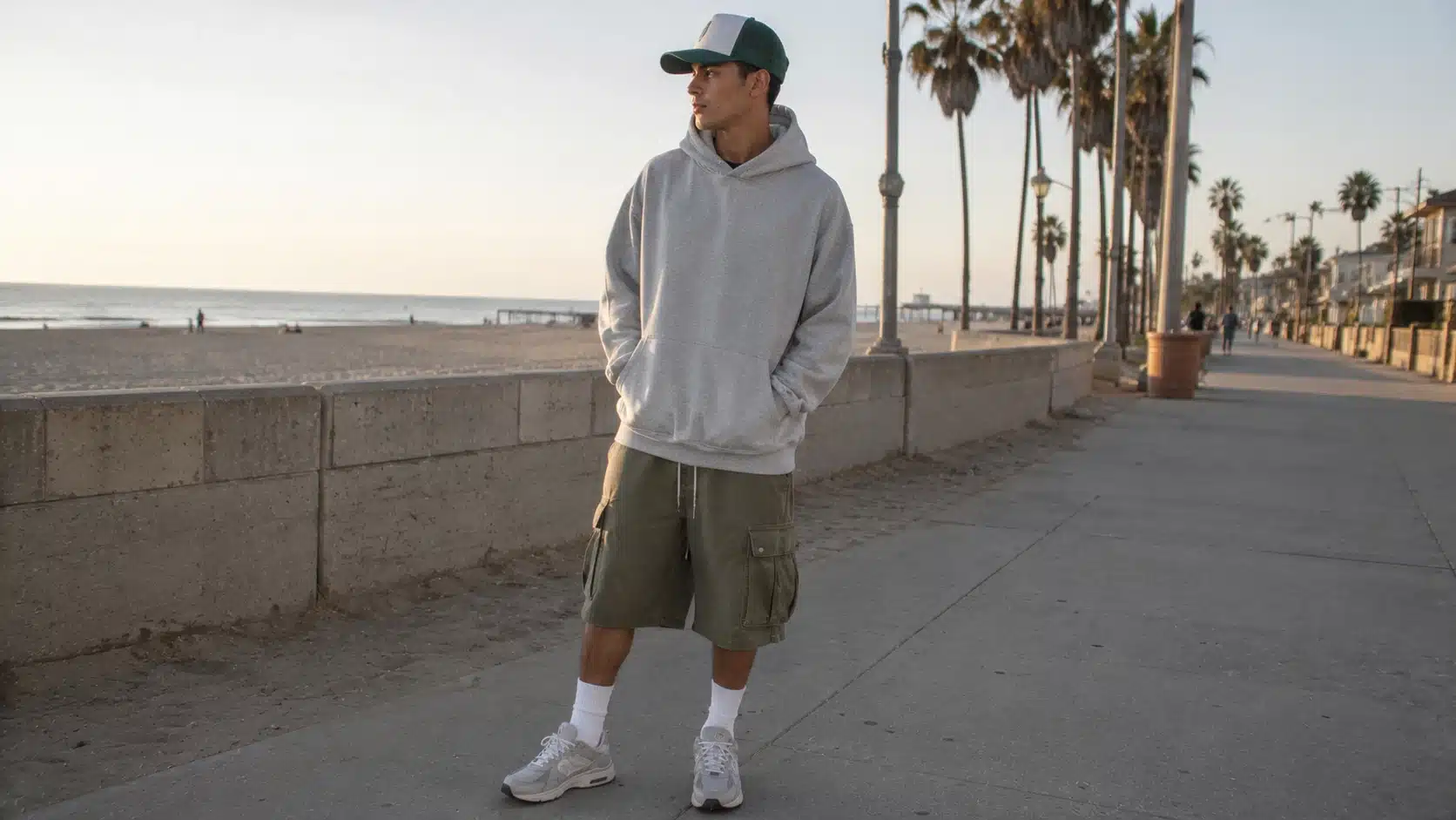 y2k men outfits with oversized hoodie cargo shorts tall socks and sneakers for summer events
