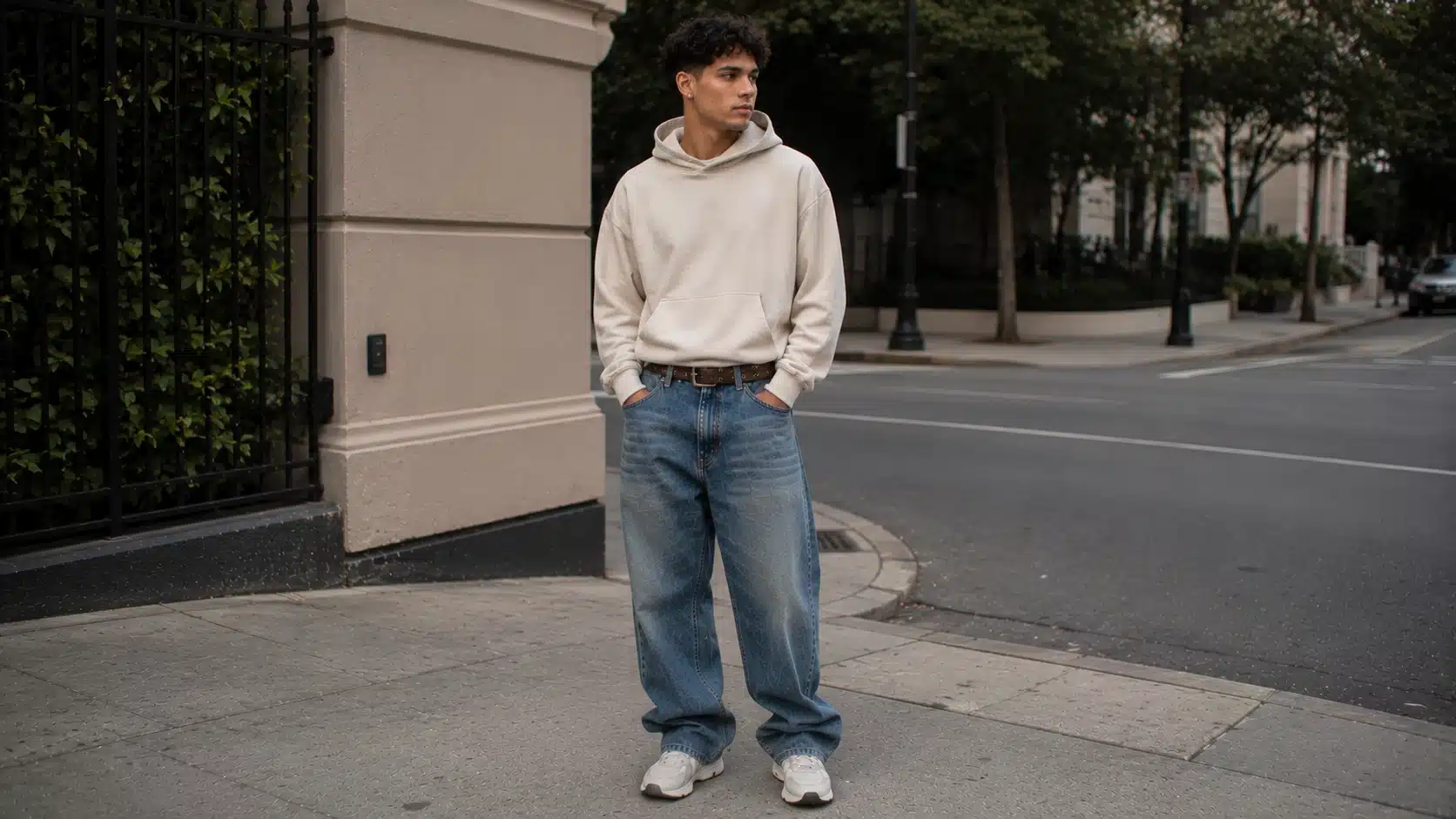 y2k men outfits with plain hoodie baggy jeans statement belt and chunky sneakers for everyday wear