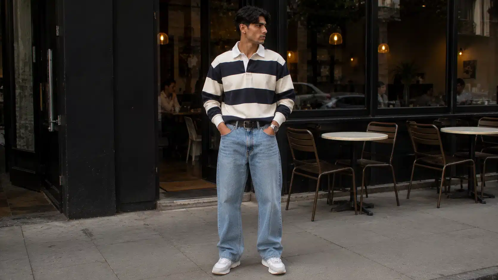 y2k men outfits with rugby shirt wide leg jeans retro sneakers and simple watch for casual days