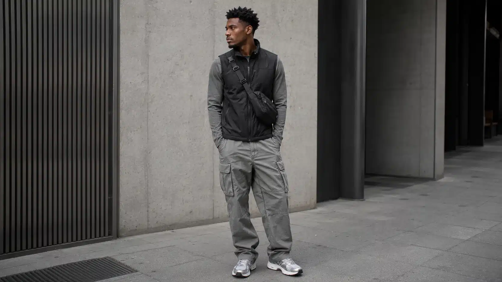 y2k men outfits with technical vest long sleeve tee cargo pants and crossbody bag for city style