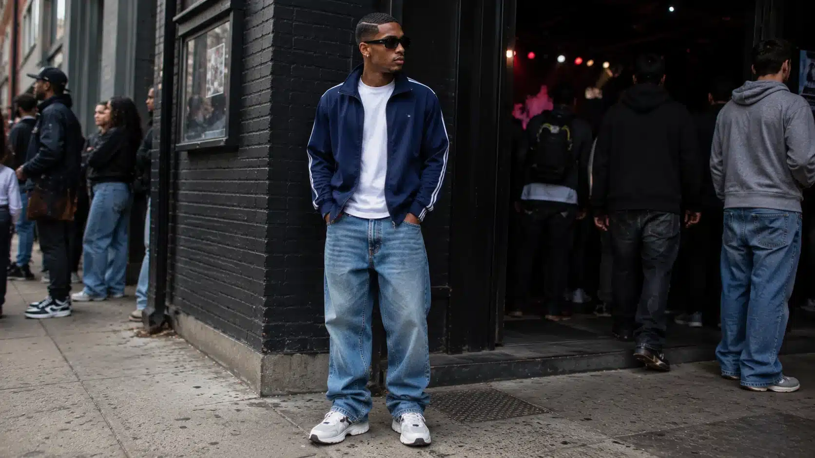 y2k men outfits with track jacket white tee loose denim and retro sneakers for casual events