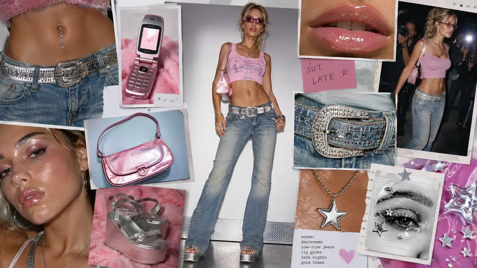 y2k moodboard featuring model in low-rise jeans, pink crop top, platform sandals, glossy accessories, and flip phone