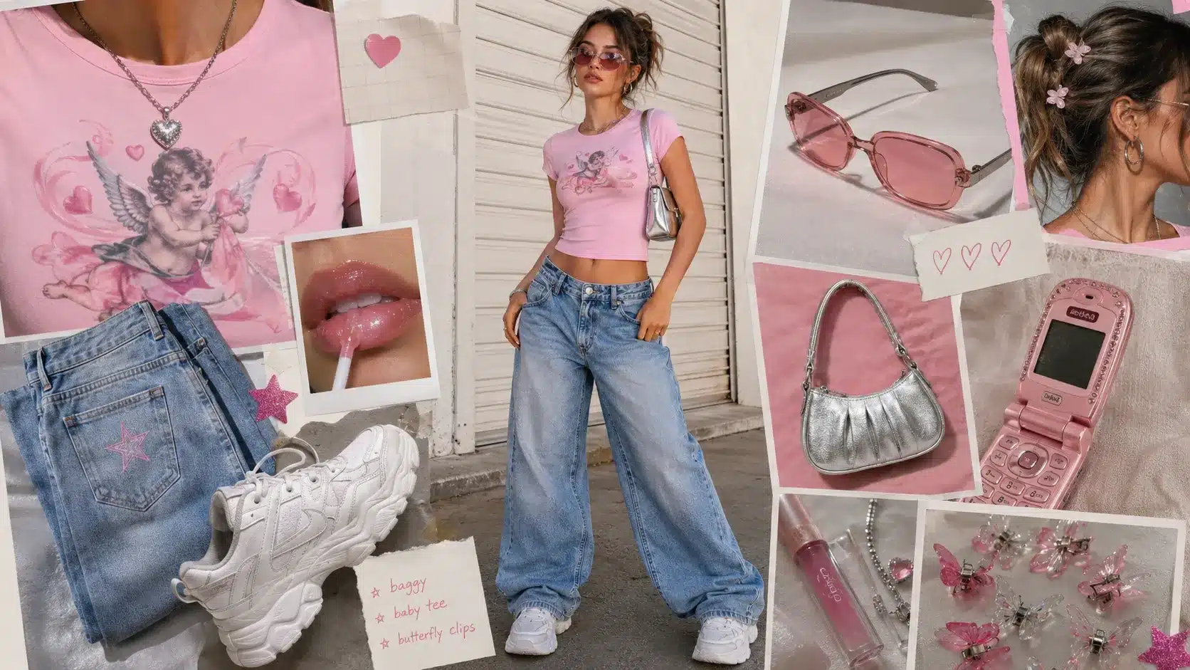 y2k moodboard with model in pink baby tee, baggy jeans, white sneakers, silver bag, accessories, and butterfly clips