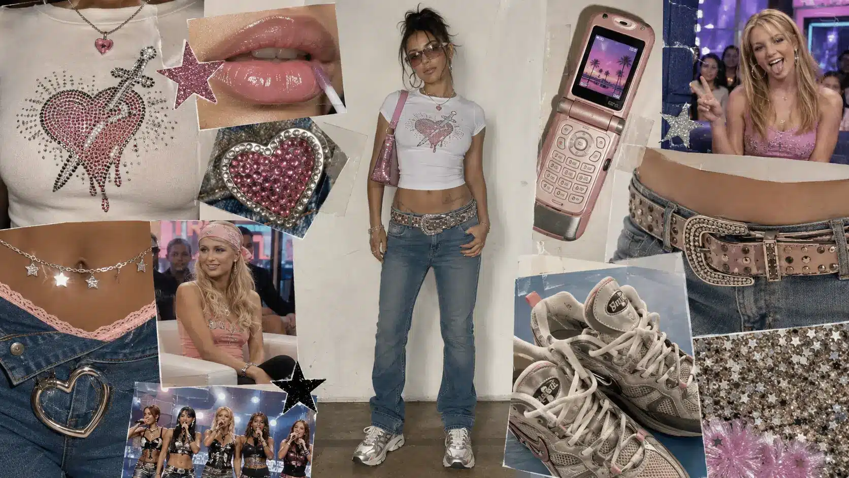 y2k scrapbook moodboard with central model in rhinestone graphic tee, low-rise jeans, chunky sneakers, and flip phone