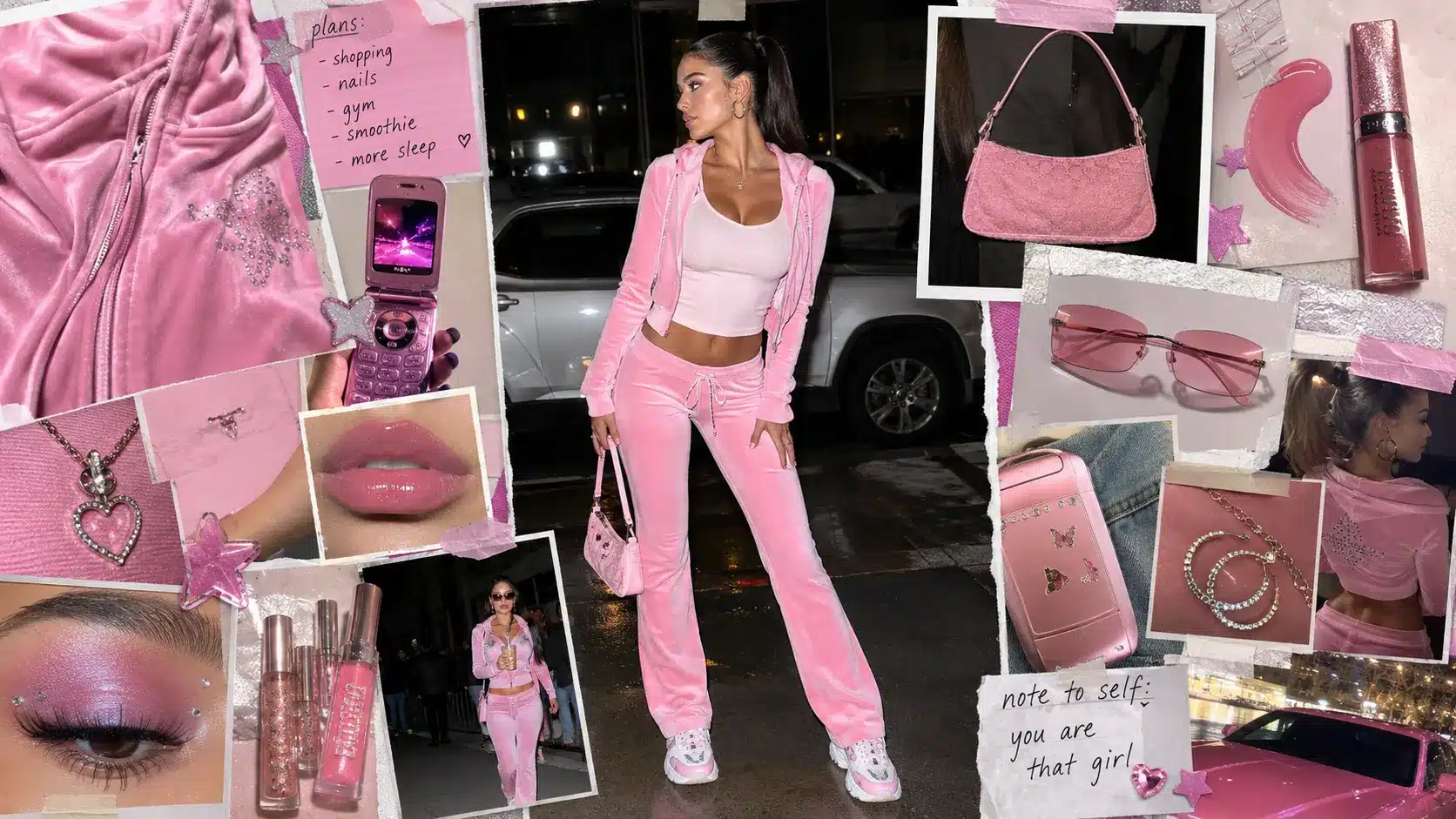 y2k scrapbook moodboard with model in pink velour tracksuit, glossy beauty details, flip phone, and accessories