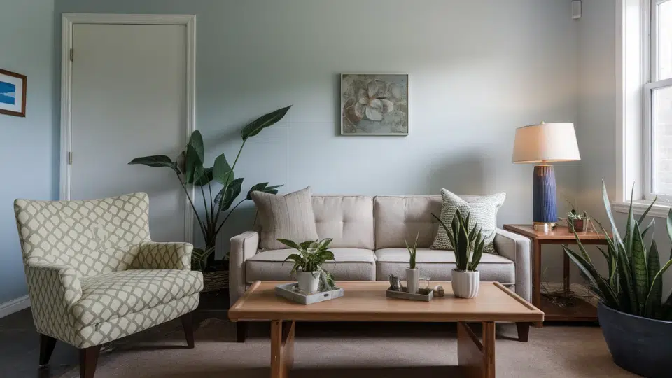 Small living room layout and small living room ideas with beige sofa, plants, and wood table