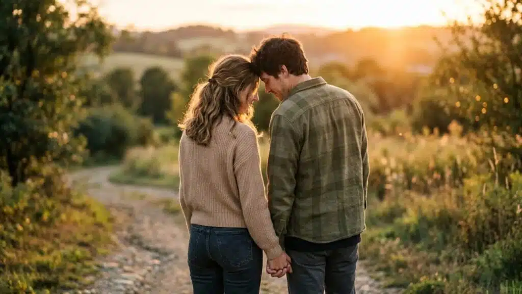 a couple gently touches foreheads and holds hands in a glowing, sun-drenched field at sunset