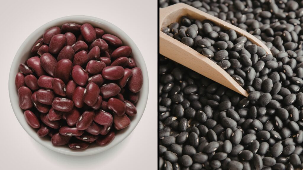 a white bowl filled with red kidney beans and a wooden scoop inside a pile of black beans