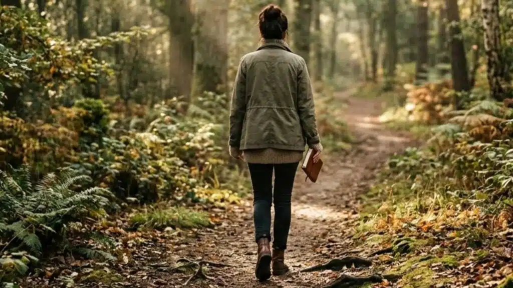a woman in a green jacket holding a journal walking alone on a dirt path through a sunlit forest