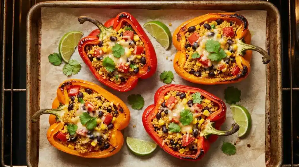 baked stuffed bell peppers filled with quinoa, black beans, corn, tomatoes, melted cheese, with cilantro and lime wedges