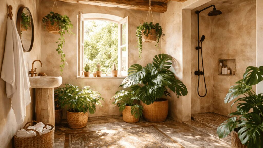 bohemian bathroom with tropical plants, wooden beams, stone sink, open window and dappled sunlight on rug
