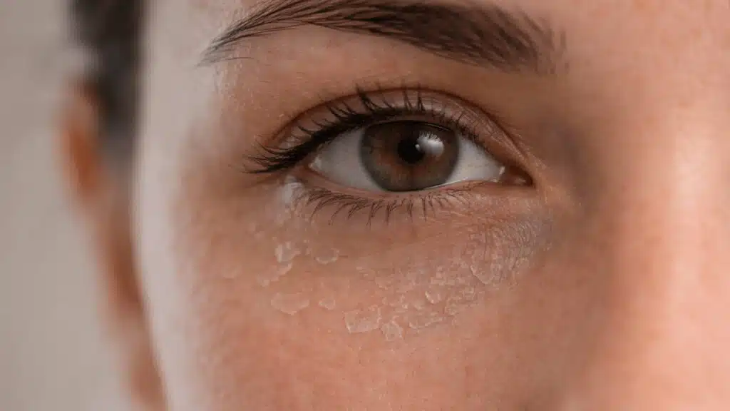 close up of one eye showing dry flaky skin and peeling under eye area with visible texture in soft natural light