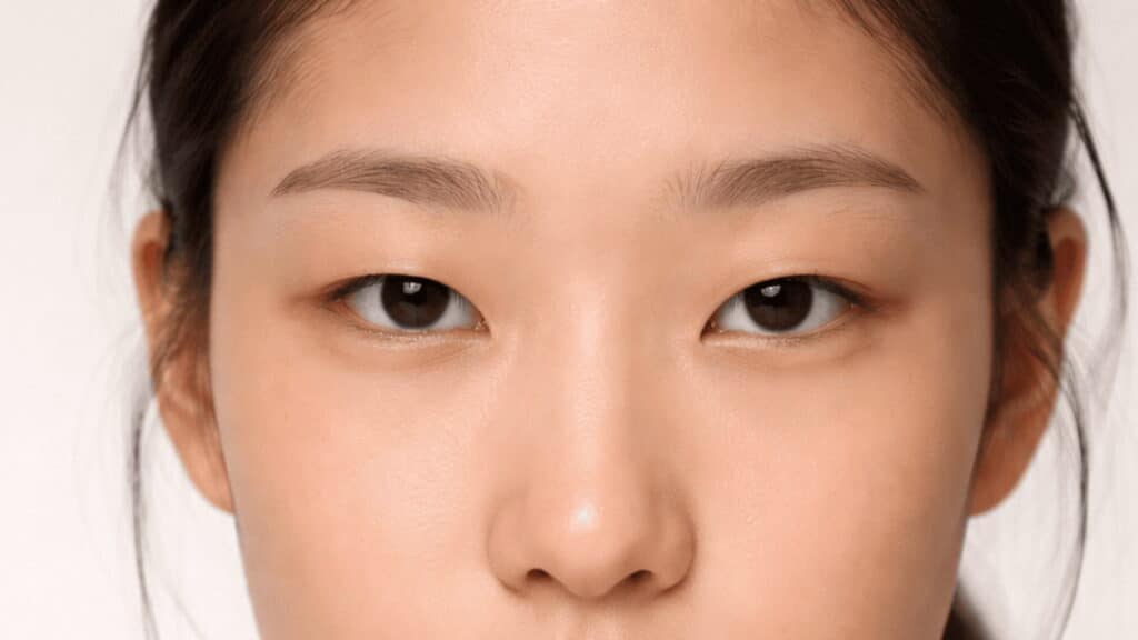 close-up of woman with monolid eyes and bare skin under soft studio lighting on neutral background