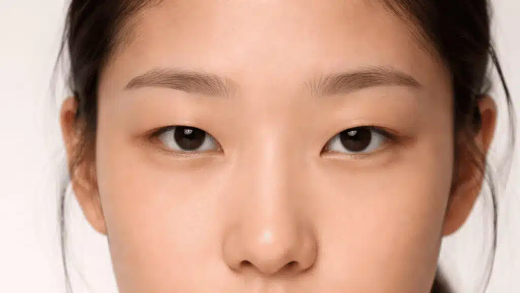 close-up of woman with monolid eyes and bare skin under soft studio lighting on neutral background