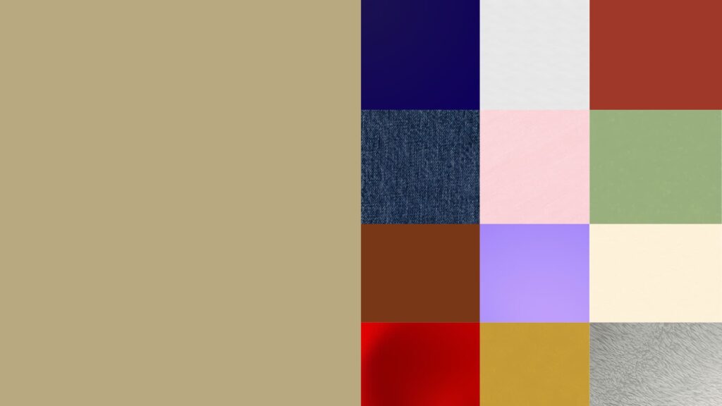 color palette showing khaki with matching outfit colors including navy, white, rust, denim, blush pink, sage green, brown, lavender, cream