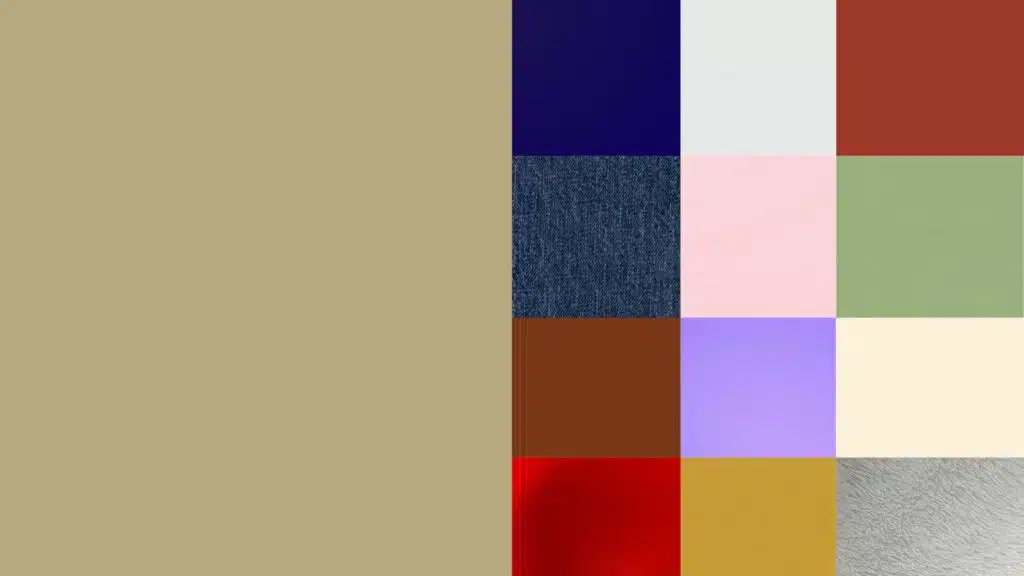 color palette showing khaki with matching outfit colors including navy, white, rust, denim, blush pink, sage green, brown, lavender, cream